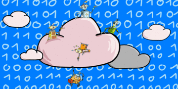 Vier Mitglieder der Data-Roboter sitzen auf einer Wolke, während Krümel sich an die Unterseite der Wolke gehängt hat.